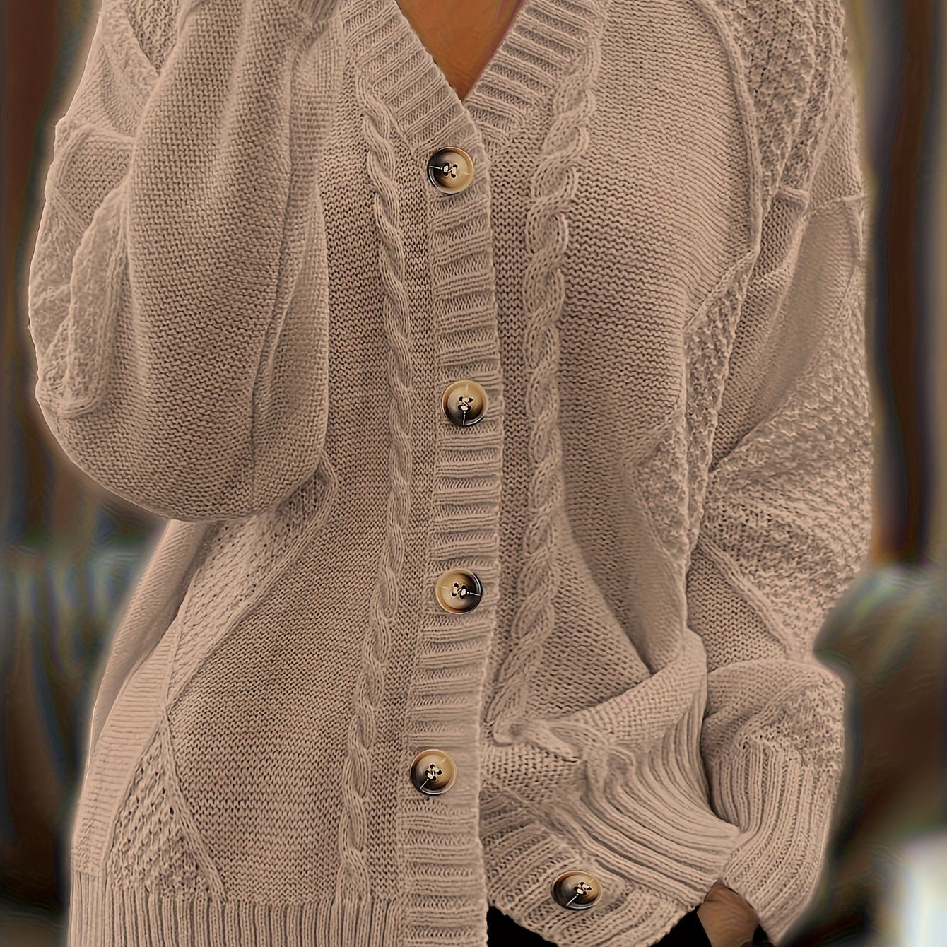 Women's Brown V-Neck Cardigan Sweater