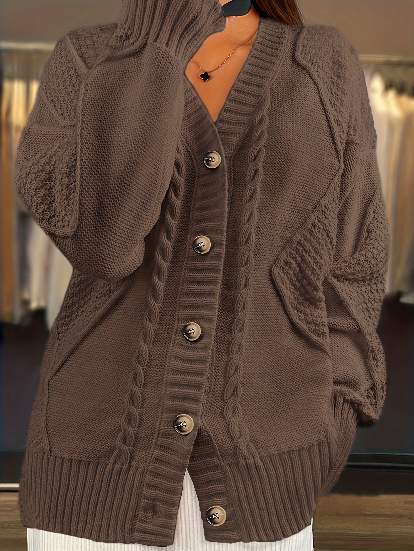 Women's Brown V-Neck Cardigan Sweater