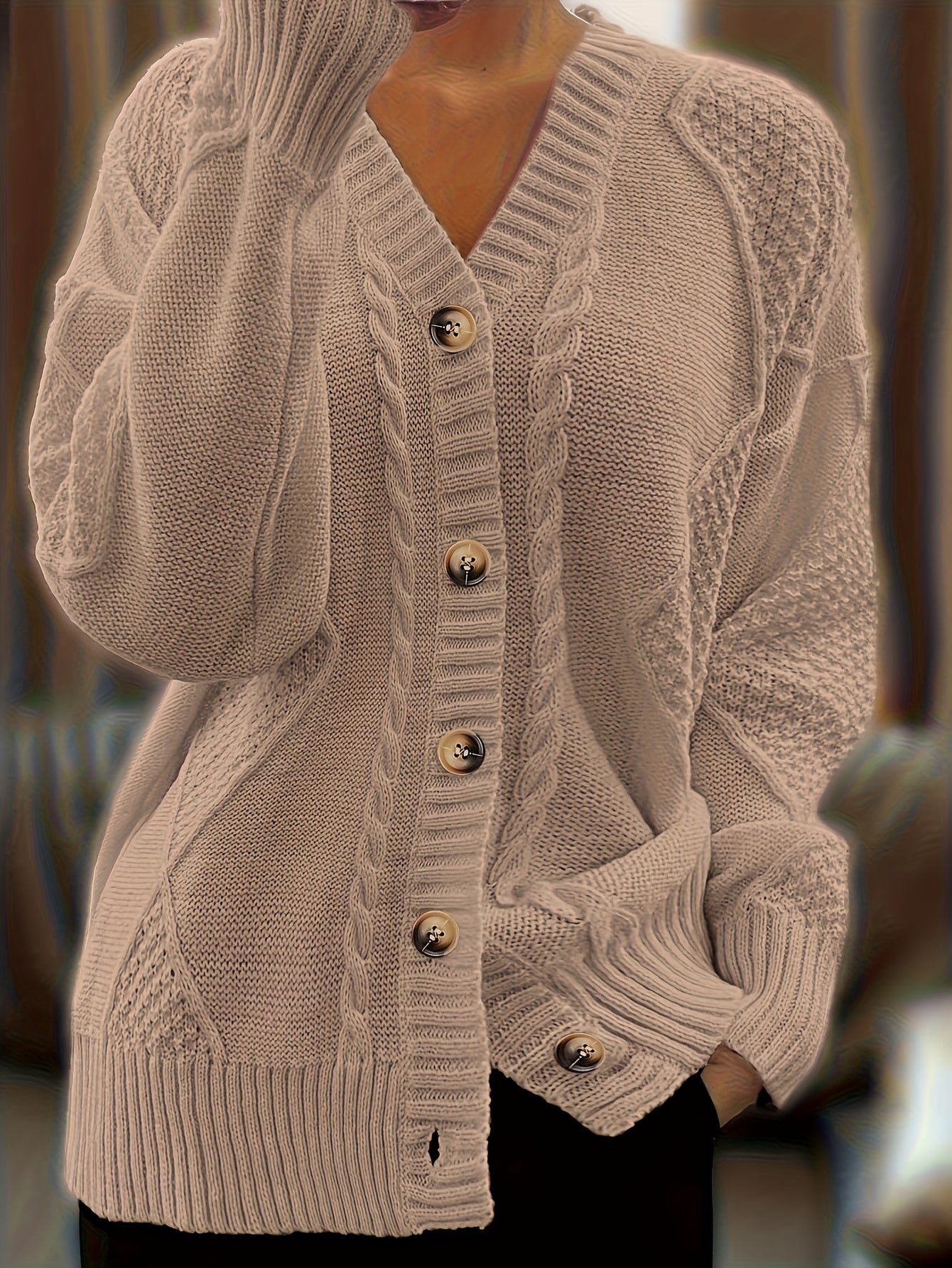 Women's Brown V-Neck Cardigan Sweater