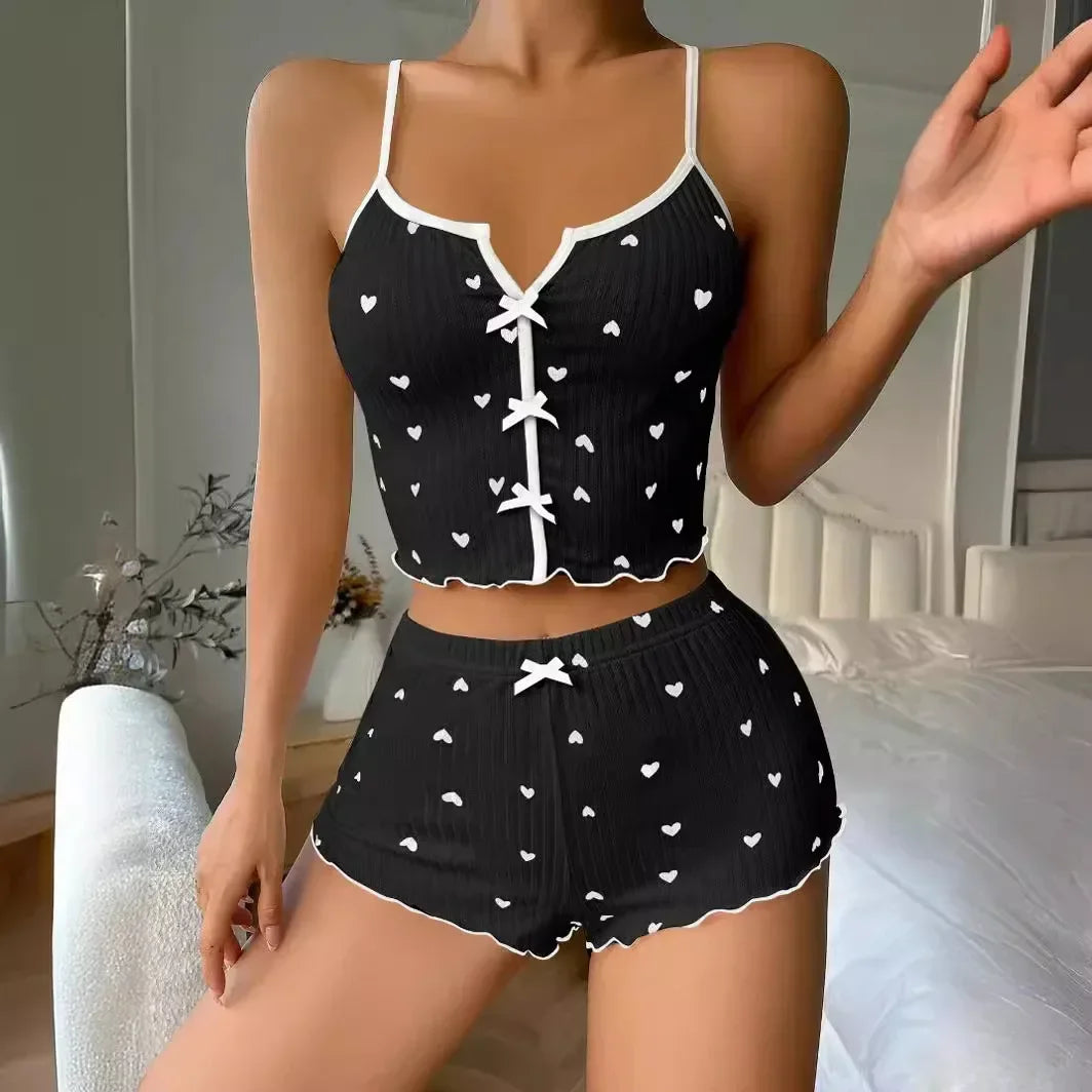 Heart Print Frill Pajama Set
