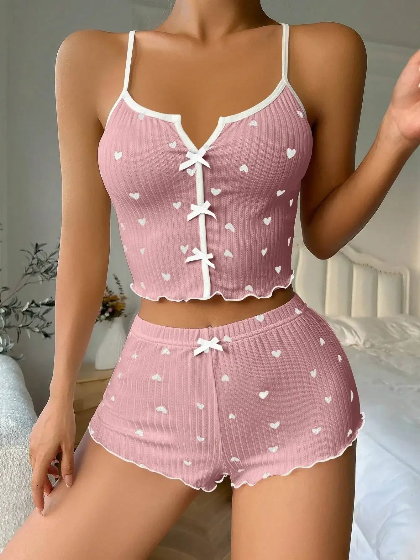 Heart Print Frill Pajama Set