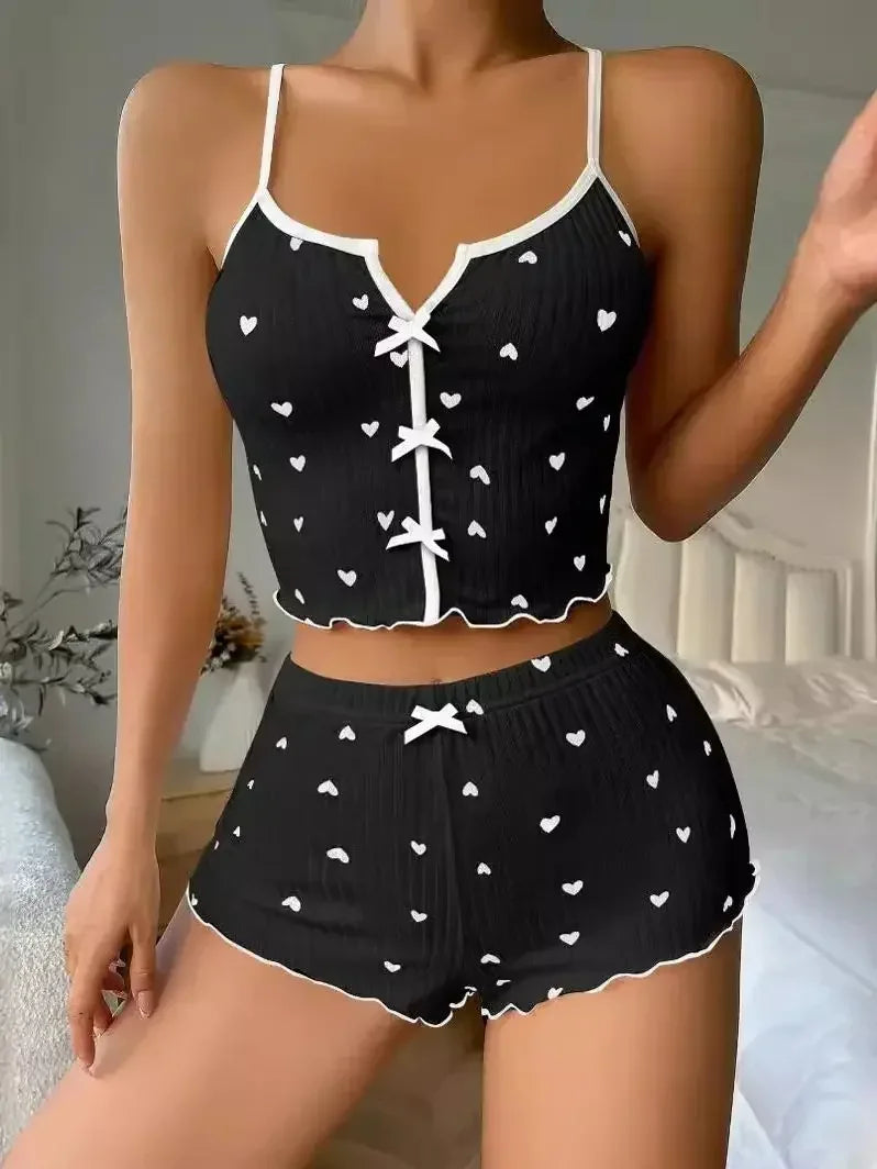 Heart Print Frill Pajama Set