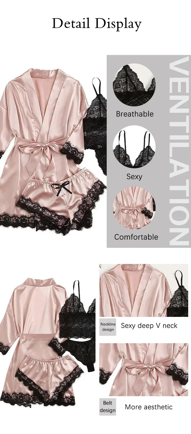 4-Piece Satin Lace Sleepwear Set