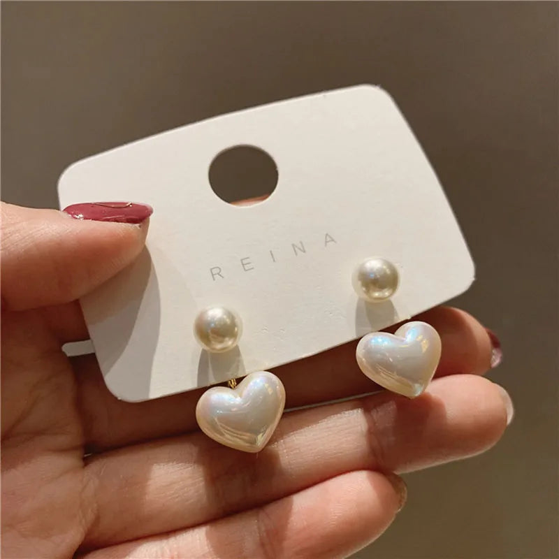 Heart & Round Pearl Stud Earrings
