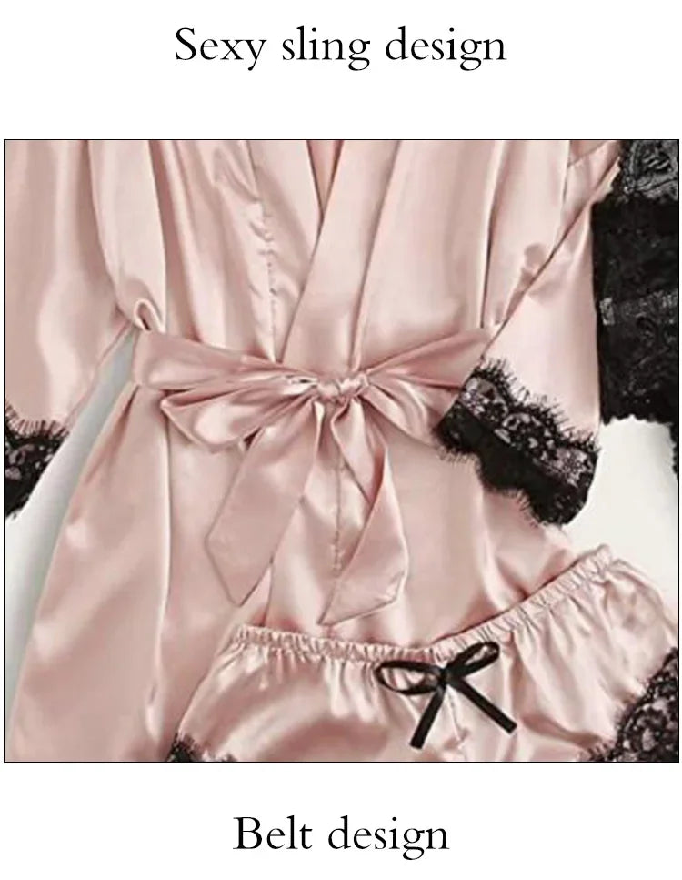 4-Piece Satin Lace Sleepwear Set