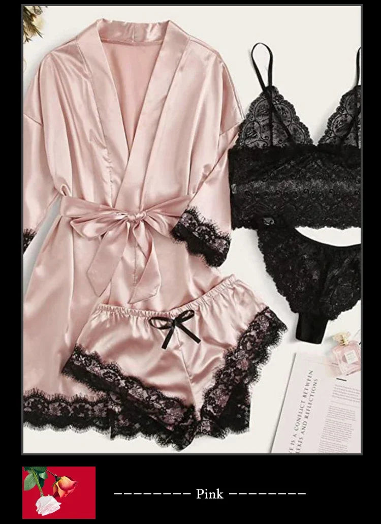 4-Piece Satin Lace Sleepwear Set