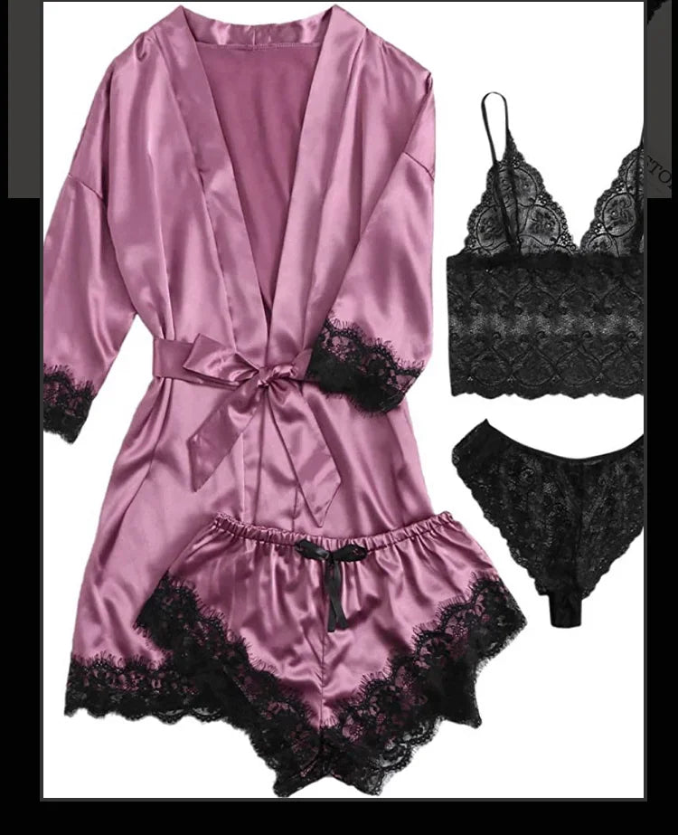 4-Piece Satin Lace Sleepwear Set