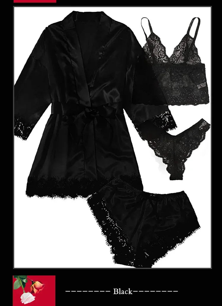 4-Piece Satin Lace Sleepwear Set