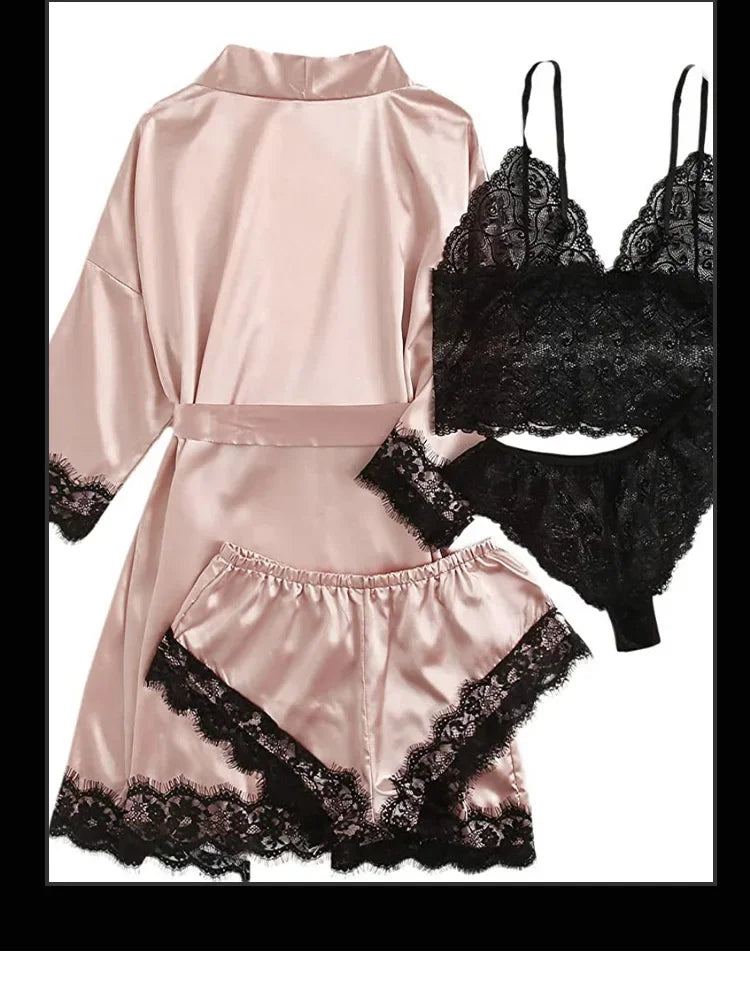 4-Piece Satin Lace Sleepwear Set