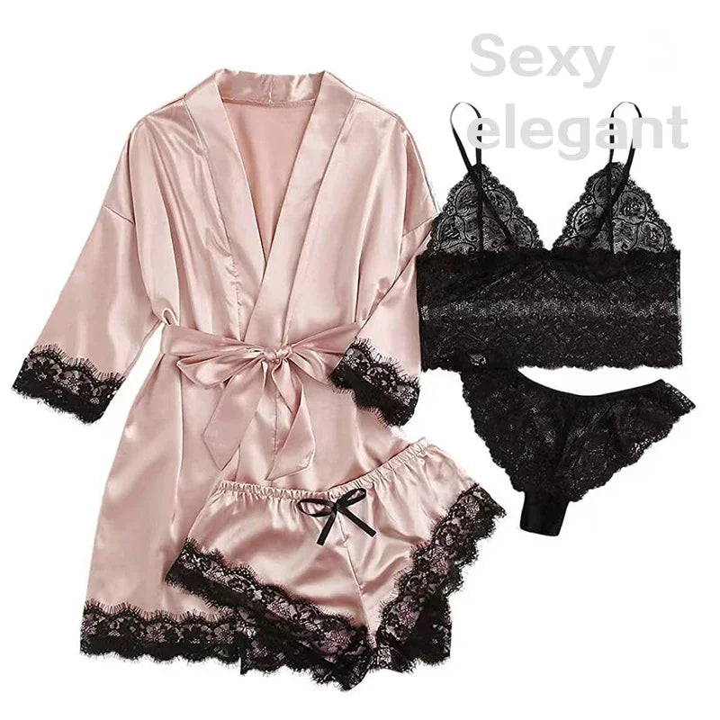 4-Piece Satin Lace Sleepwear Set