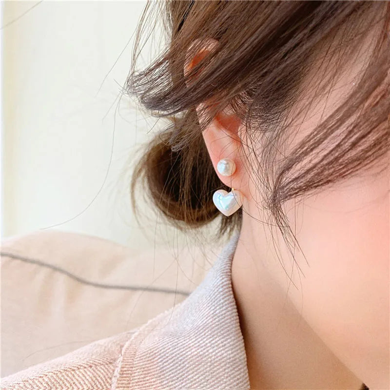 Heart & Round Pearl Stud Earrings