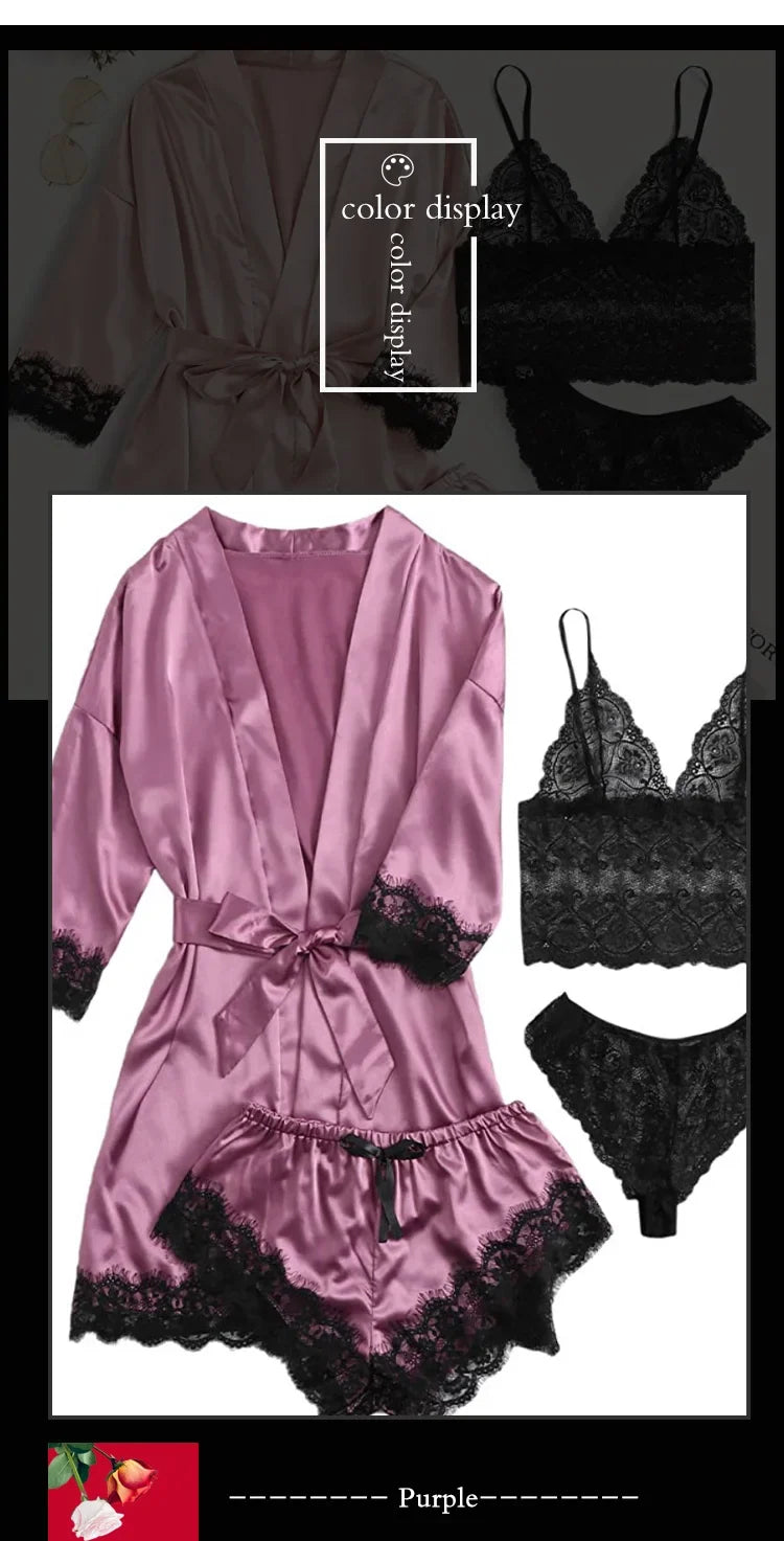 4-Piece Satin Lace Sleepwear Set