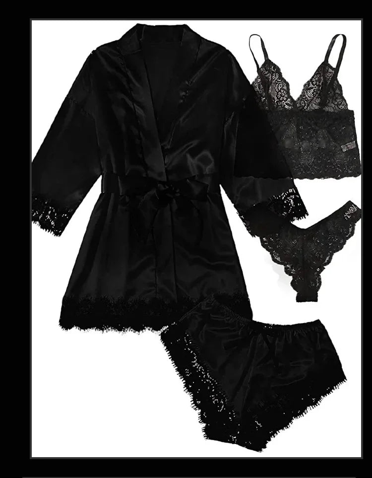 4-Piece Satin Lace Sleepwear Set