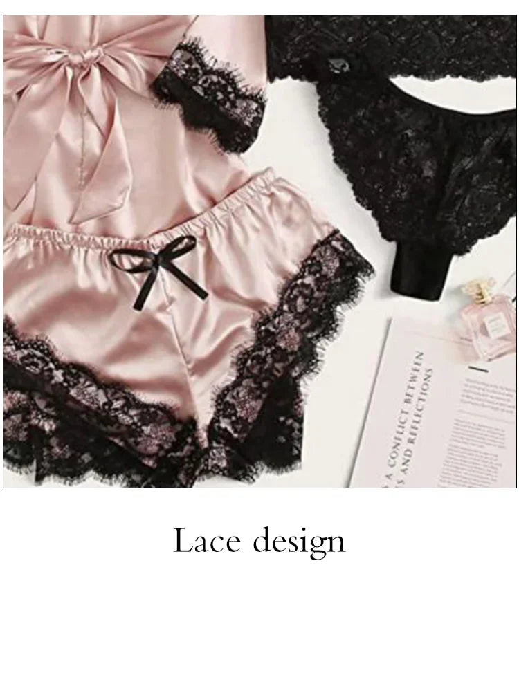 4-Piece Satin Lace Sleepwear Set