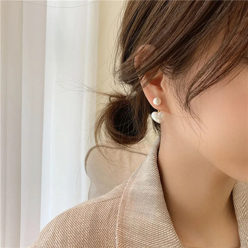 Heart & Round Pearl Stud Earrings