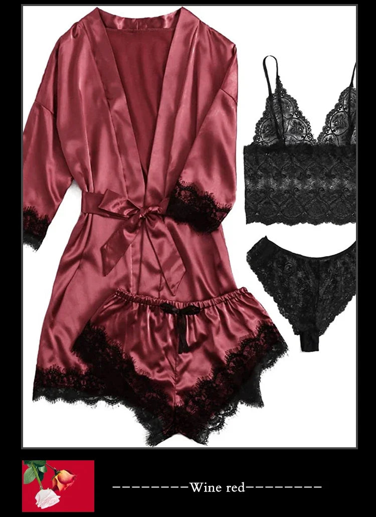 4-Piece Satin Lace Sleepwear Set
