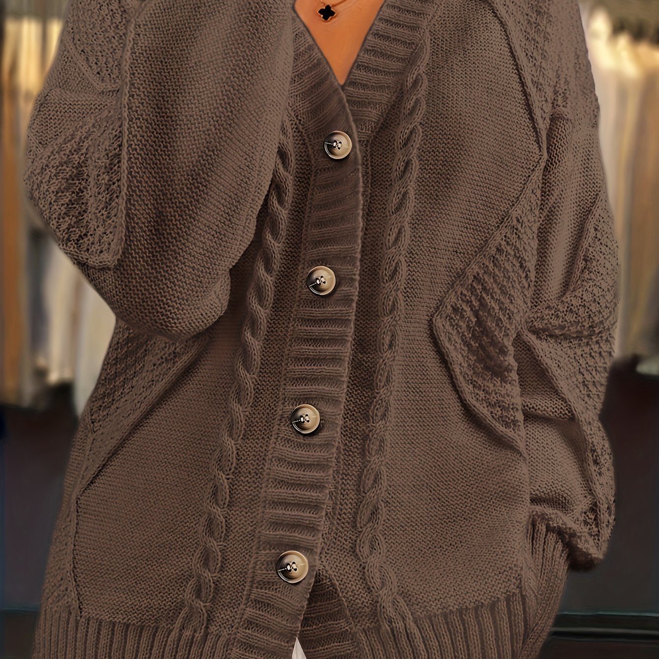 Women's Brown V-Neck Cardigan Sweater