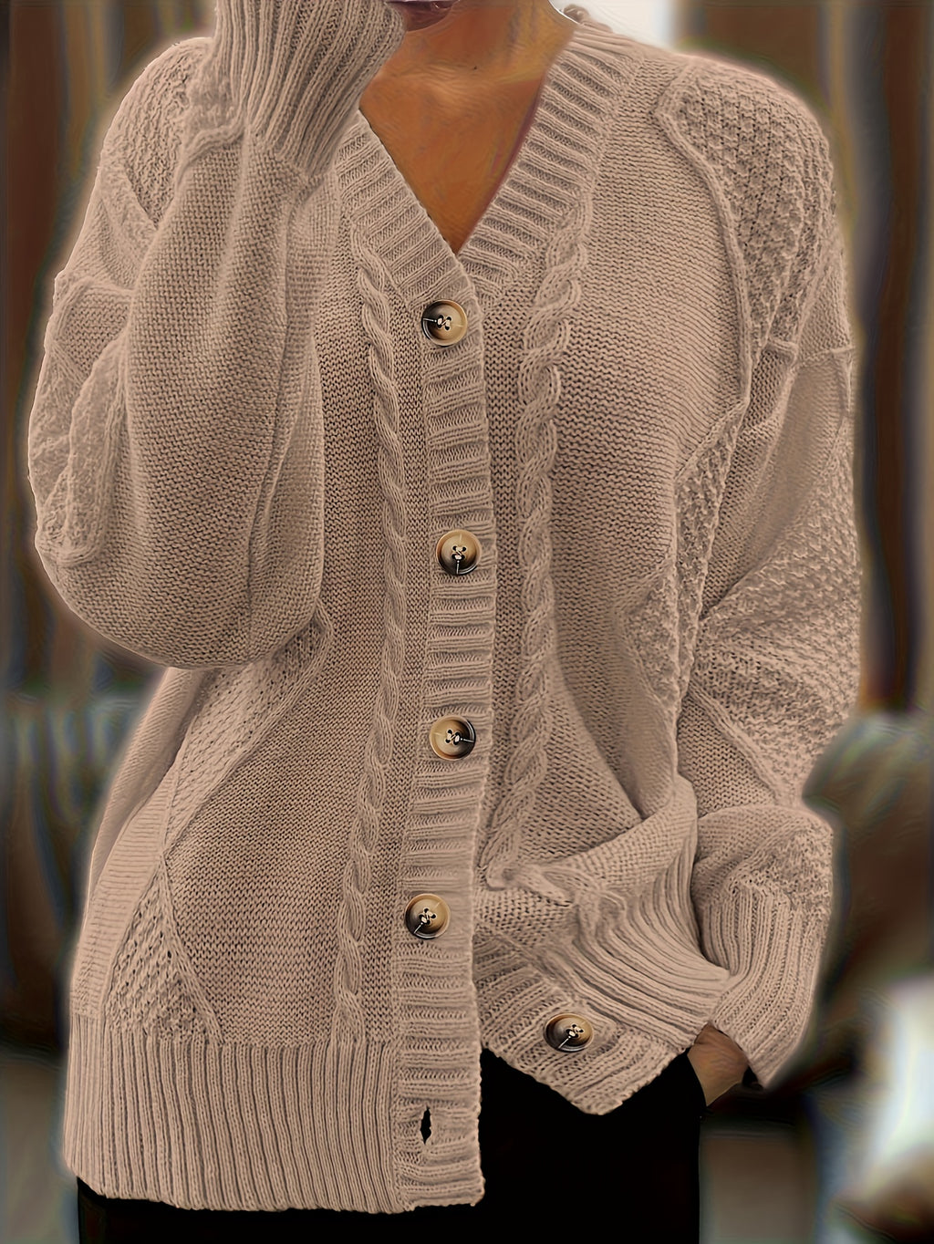 Women's Brown V-Neck Cardigan Sweater