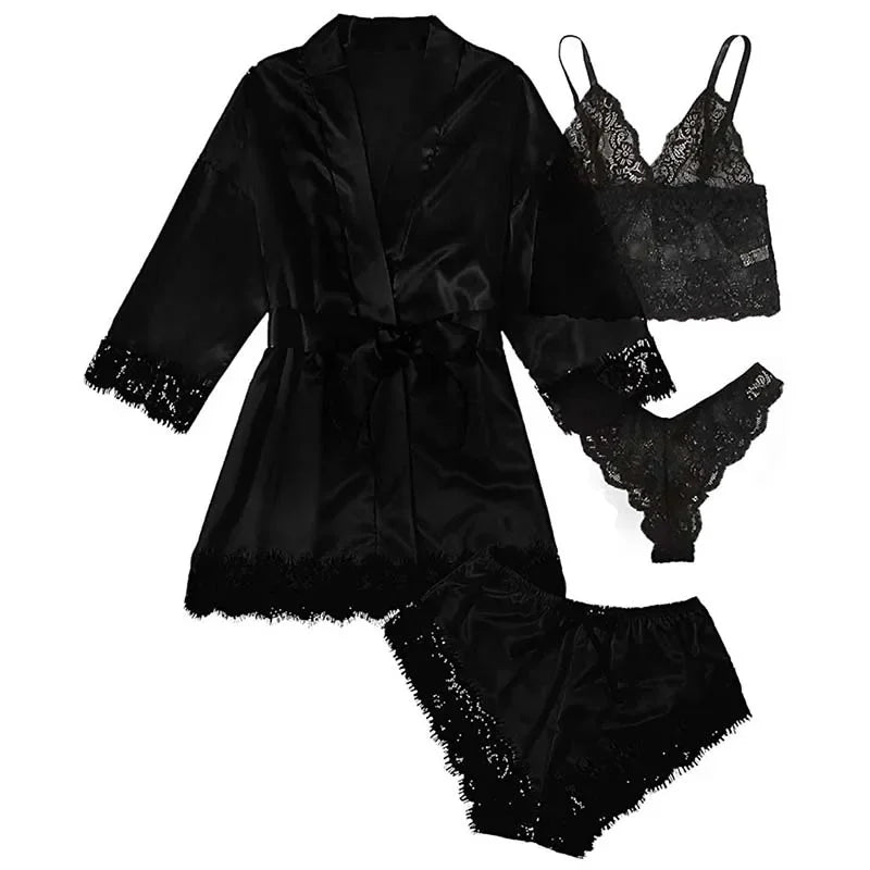 4-Piece Satin Lace Sleepwear Set