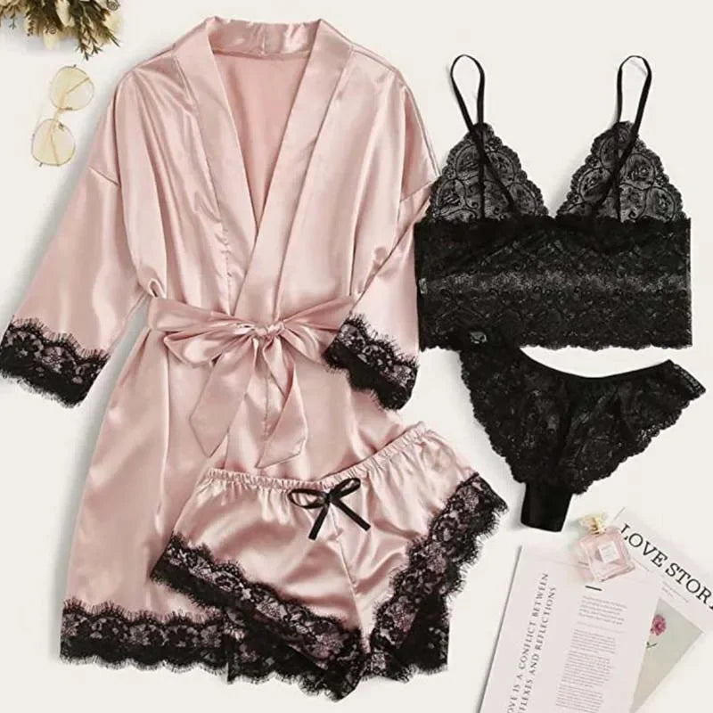 4-Piece Satin Lace Sleepwear Set