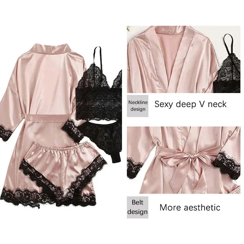 4-Piece Satin Lace Sleepwear Set