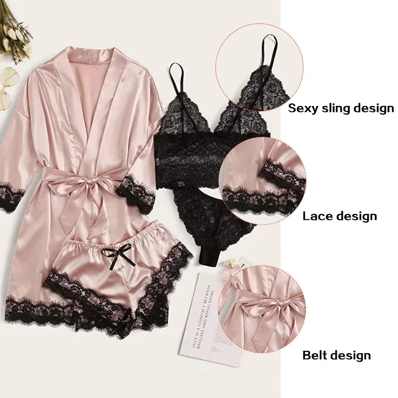 4-Piece Satin Lace Sleepwear Set