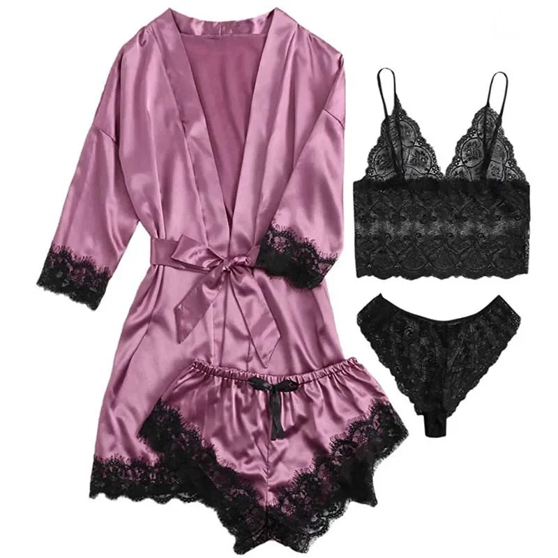 4-Piece Satin Lace Sleepwear Set