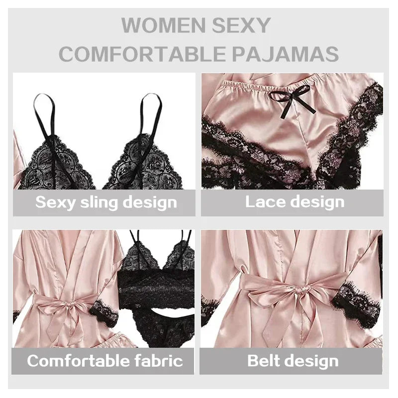 4-Piece Satin Lace Sleepwear Set