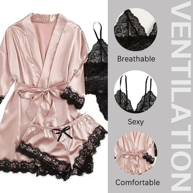 4-Piece Satin Lace Sleepwear Set