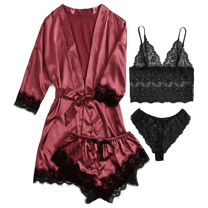 4-Piece Satin Lace Sleepwear Set
